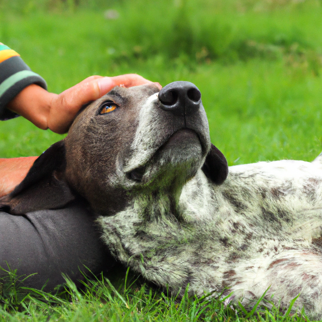 Ein Hund wird sanft gestreichelt, während er entspannt auf dem Gras liegt.