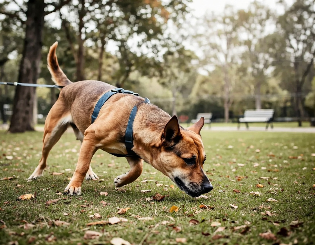 Brauner Hund schnüffelt auf grünem Gras in einem Park, umgeben von Bäumen.
