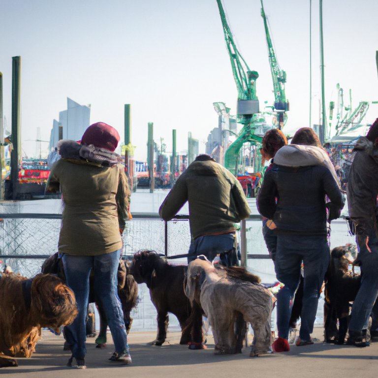 Menschen stehen am Hafen, umgeben von verschiedenen Hunderassen.